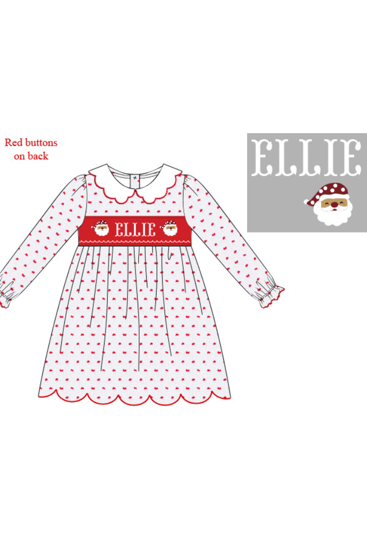 The Smocked Flamingo Apparel & Accessories Pre-Order Hand Smocked Custom Name Swiss Dot Santa Dress