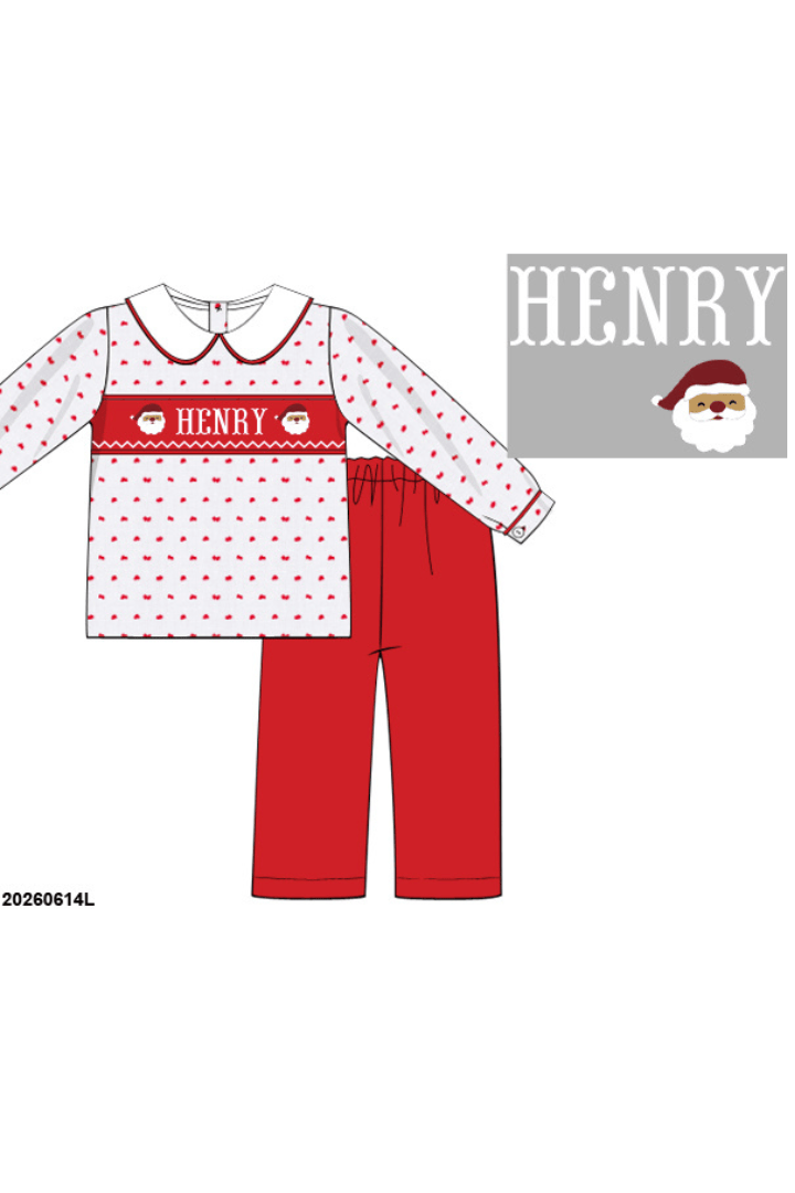 The Smocked Flamingo Apparel & Accessories Pre-Order Hand Smocked Custom Name Swiss Dot Santa Pant Set