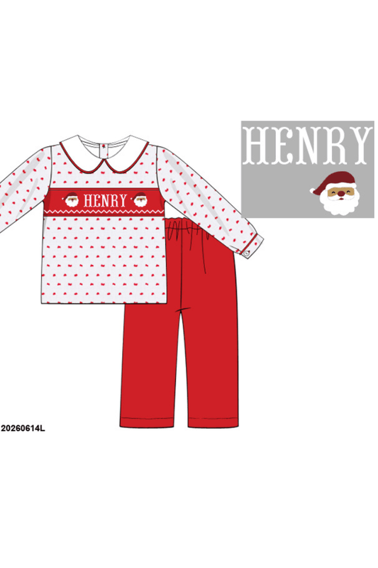 The Smocked Flamingo Apparel & Accessories Pre-Order Hand Smocked Custom Name Swiss Dot Santa Pant Set