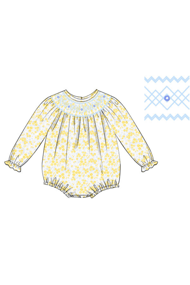 The Smocked Flamingo Apparel & Accessories Pre-Order Hand Smocked Heirloom Blue and Yellow Floral Bubble