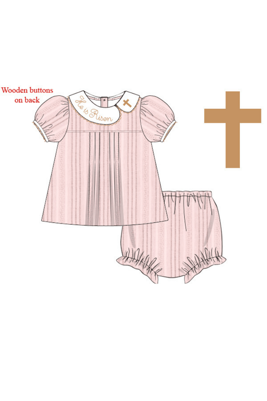 The Smocked Flamingo Apparel & Accessories Pre-Order He Is Risen Pink Linen Bloomer Set