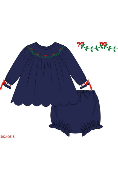 The Smocked Flamingo Apparel & Accessories Pre-Order Holly Bow Navy Pique Bishop Bloomer Set