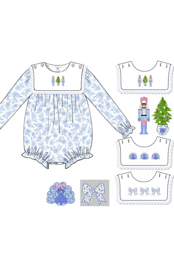 The Smocked Flamingo Apparel & Accessories Pre-Order Interchangeable French Knot Turkey, Nutcracker, Bow Blue Floral Bubble