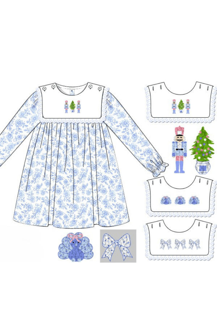 The Smocked Flamingo Apparel & Accessories Pre-Order Interchangeable French Knot Turkey, Nutcracker, Bow Blue Floral Dress