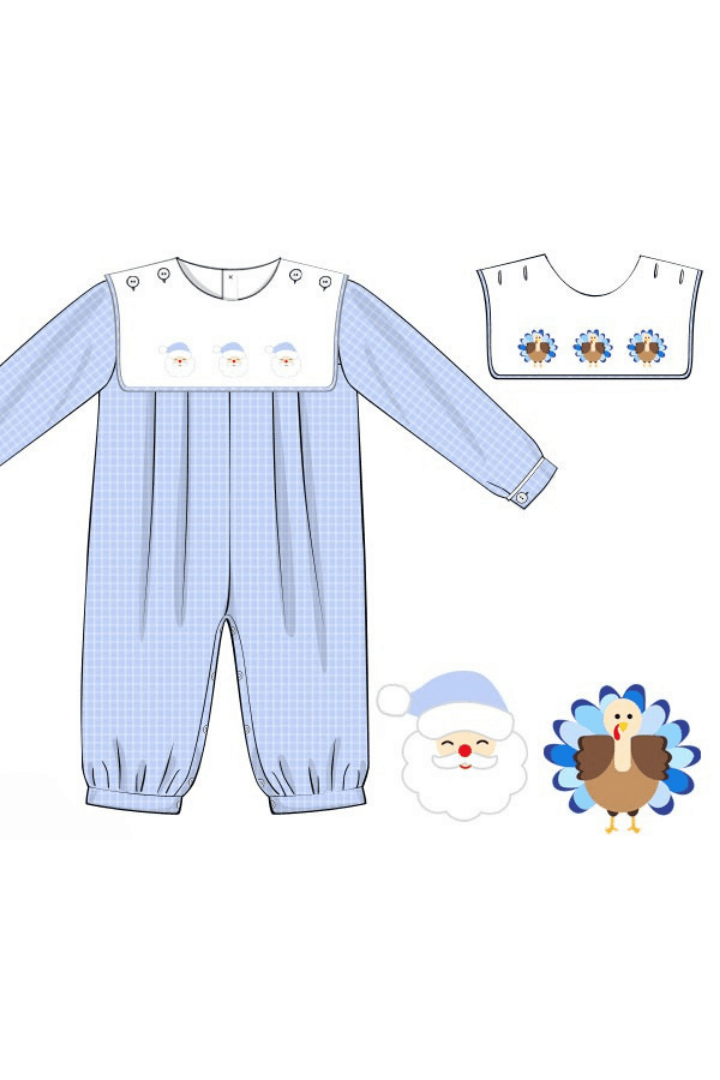 The Smocked Flamingo Apparel & Accessories Pre-Order Interchangeable Turkey/Santa Blue Windowpane Romper