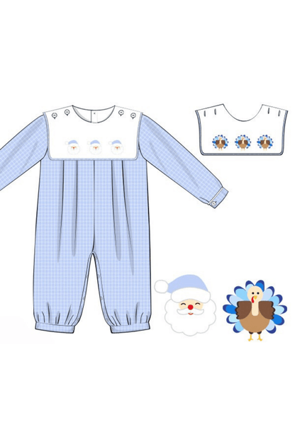 The Smocked Flamingo Apparel & Accessories Pre-Order Interchangeable Turkey/Santa Blue Windowpane Romper