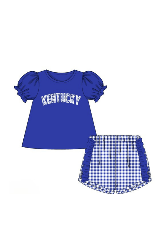 The Smocked Flamingo Apparel & Accessories Pre-Order Kentucky Blue Gingham Knit Ruffle Short Set