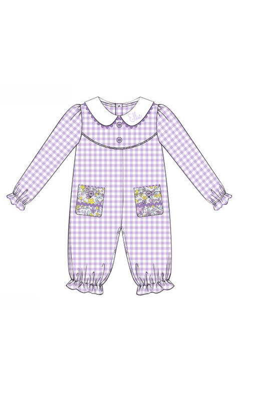 The Smocked Flamingo Apparel & Accessories Pre-Order Lavender Gingham Floral Knit Romper