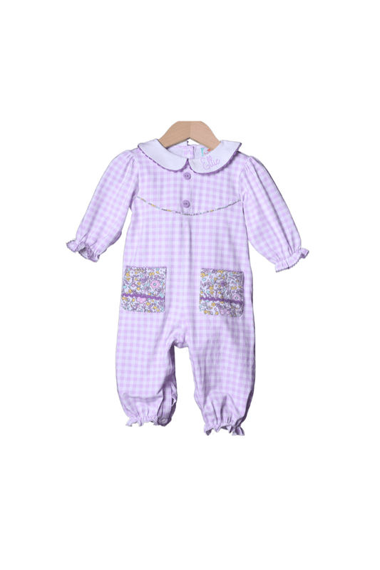 The Smocked Flamingo Apparel & Accessories Pre-Order Lavender Gingham Floral Knit Romper