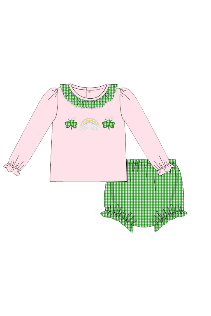 The Smocked Flamingo Apparel & Accessories Pre-Order Lucky Charm Applique Pink Knit Bloomer Set