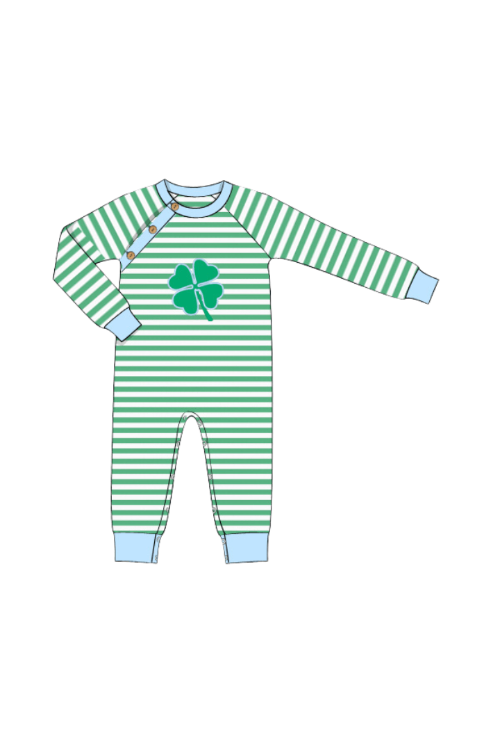 The Smocked Flamingo Apparel & Accessories Pre-Order Lucky Clover Applique Green Stripe Romper