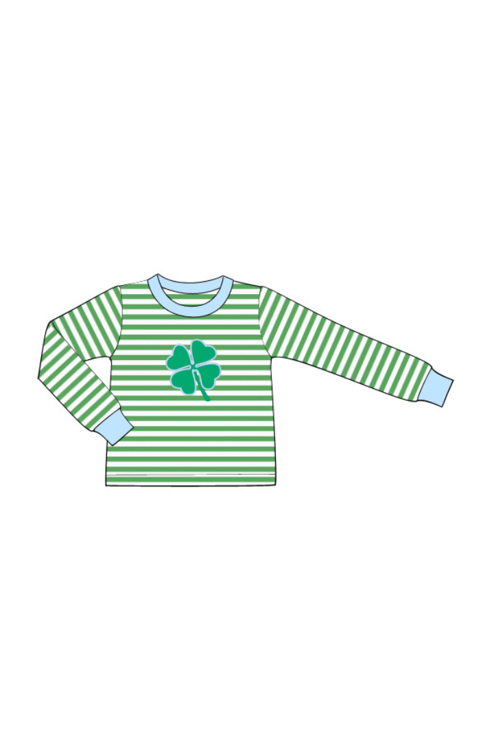 The Smocked Flamingo Apparel & Accessories Pre-Order Lucky Clover Applique Green Stripe Shirt