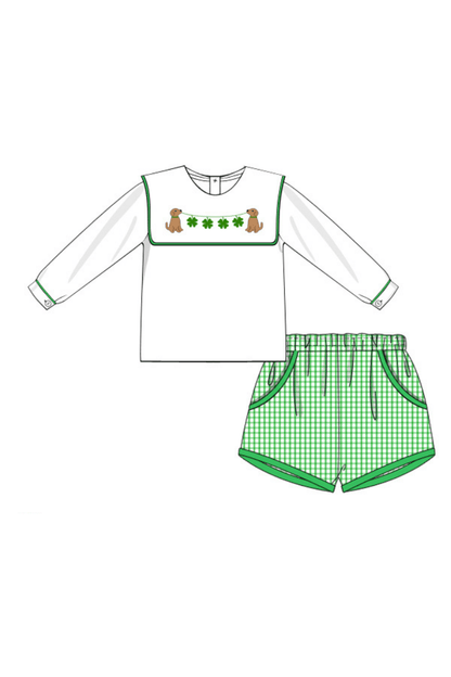 The Smocked Flamingo Apparel & Accessories Pre-Order Lucky Dog Embroidered Bib Short Set