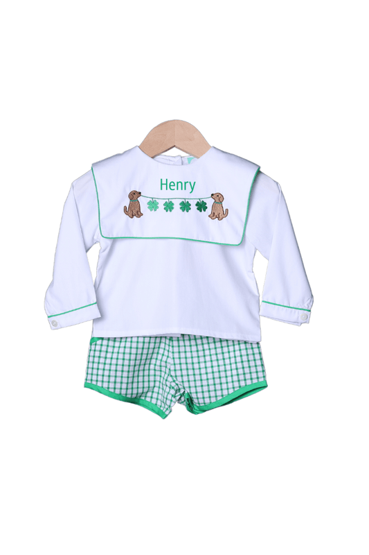 The Smocked Flamingo Apparel & Accessories Pre-Order Lucky Pup Embroidered Windowpane Bib Short Set