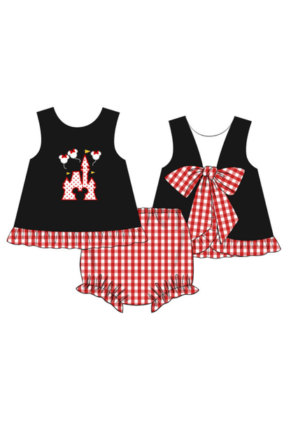 The Smocked Flamingo Apparel & Accessories Pre-Order Magical Castle Applique Black/Red Gingham Bow Bloomer Set