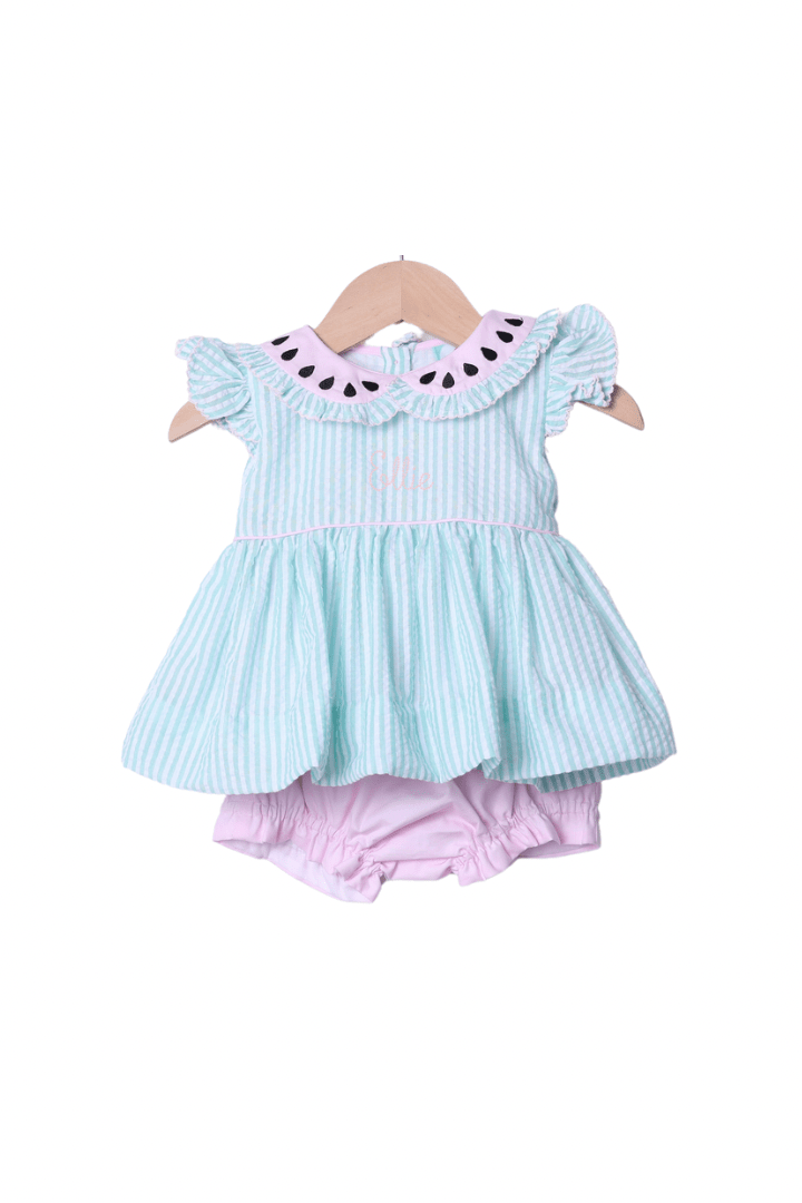 The Smocked Flamingo Apparel & Accessories Pre-Order Mint Seersucker Watermelon Bloomer Set