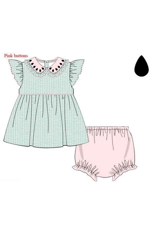 The Smocked Flamingo Apparel & Accessories Pre-Order Mint Seersucker Watermelon Bloomer Set