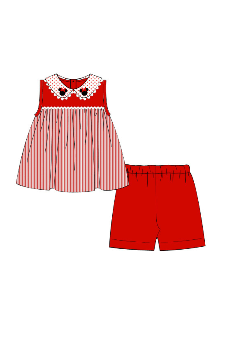 The Smocked Flamingo Apparel & Accessories Pre-Order Mouse Red Knit Stripe/Polka Dot Short Set