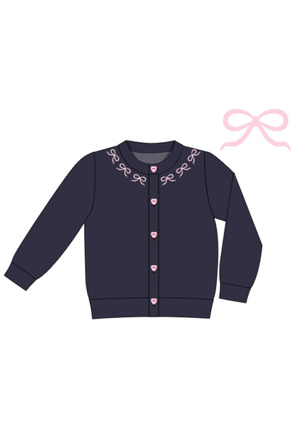 The Smocked Flamingo Apparel & Accessories Pre-Order Navy and Pin Bow Cardigan