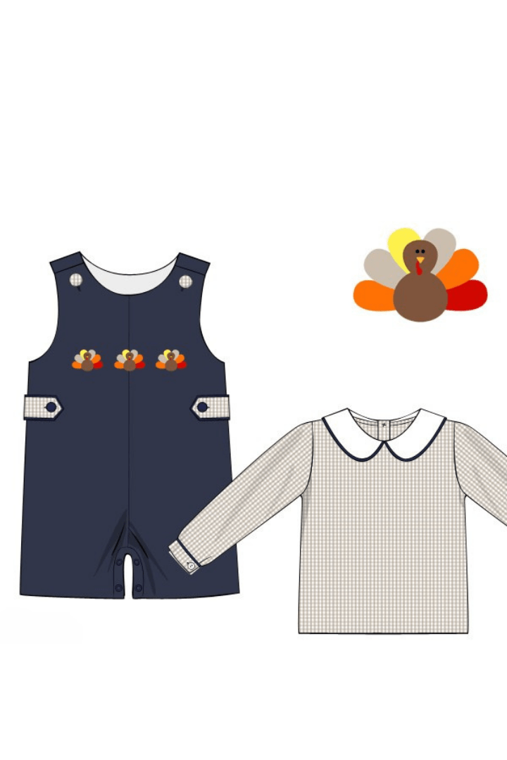 The Smocked Flamingo Apparel & Accessories Pre-Order Navy Corduroy Turkey JonJon Set