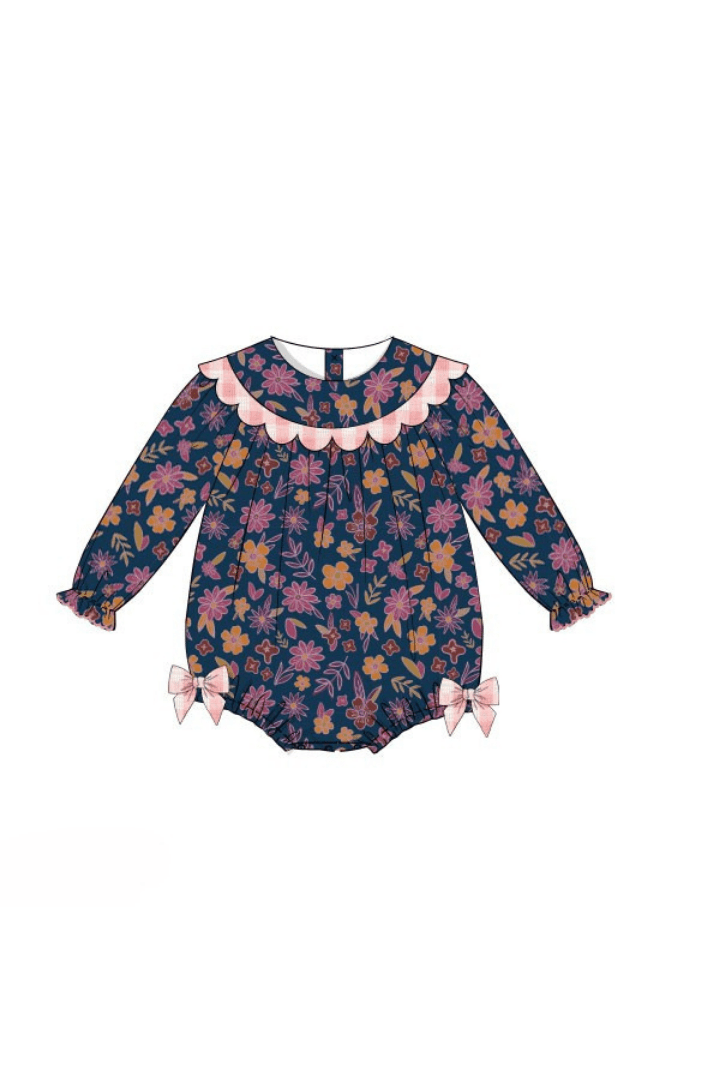 The Smocked Flamingo Apparel & Accessories Pre-Order Navy Fall Floral Scalloped Bubble