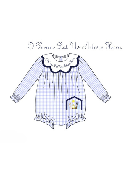 The Smocked Flamingo Apparel & Accessories Pre-Order O Come Let Us Adore Him Blue Windowpane Bubble