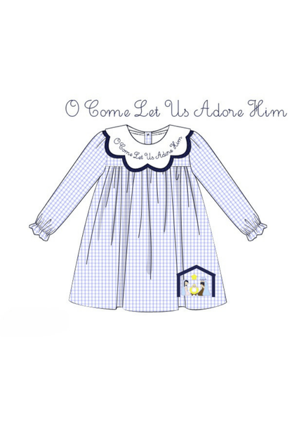 The Smocked Flamingo Apparel & Accessories Pre-Order O Come Let Us Adore Him Blue Windowpane Dress