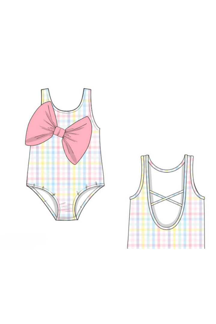 The Smocked Flamingo Apparel & Accessories Pre-Order Pastel Plaid Summer Bow Swimsuit