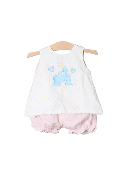 The Smocked Flamingo Apparel & Accessories Pre-Order Pastel Swiss Dot Applique Castle Bow Set