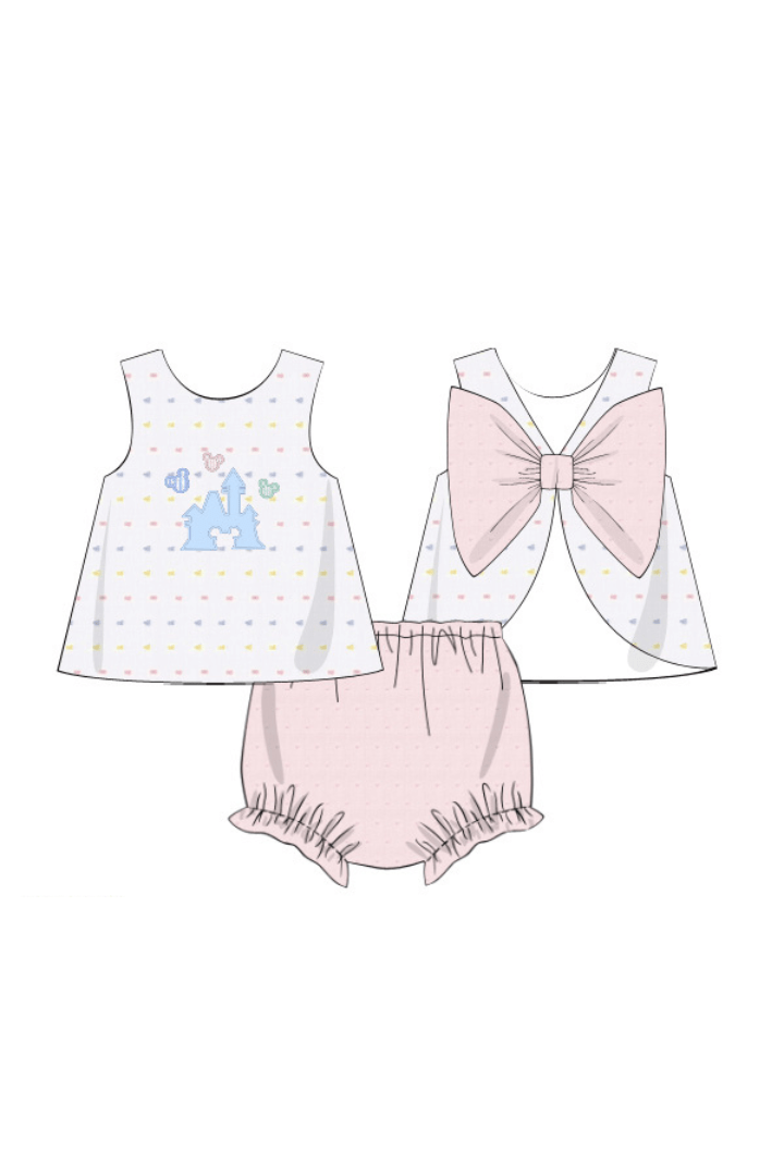 The Smocked Flamingo Apparel & Accessories Pre-Order Pastel Swiss Dot Applique Magical Castle Bloomer Set