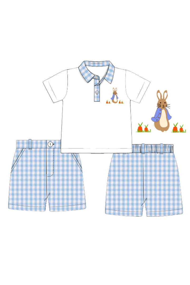 The Smocked Flamingo Apparel & Accessories Pre-Order Peter Rabbit Blue Seersucker Polo Short Set