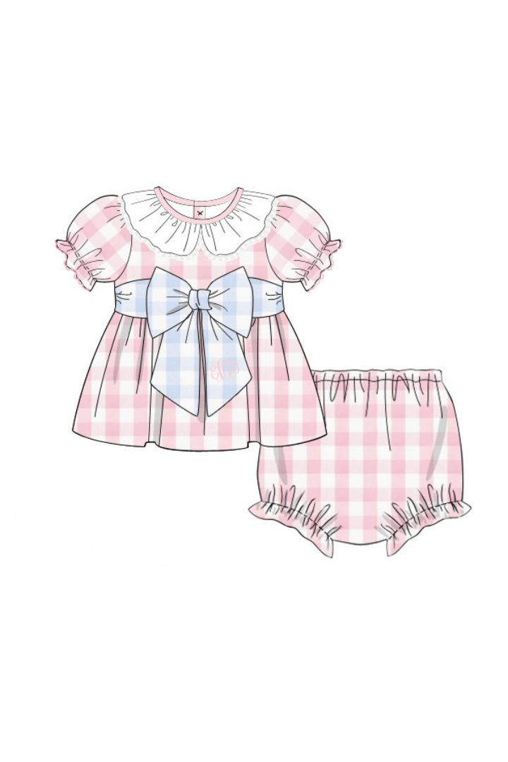 The Smocked Flamingo Apparel & Accessories Pre-Order Pink and Blue Buffalo Check Ruffle Bow Bloomer Set