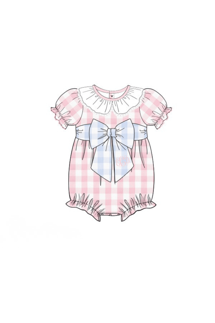 The Smocked Flamingo Apparel & Accessories Pre-Order Pink and Blue Buffalo Check Ruffle Bow Bubble