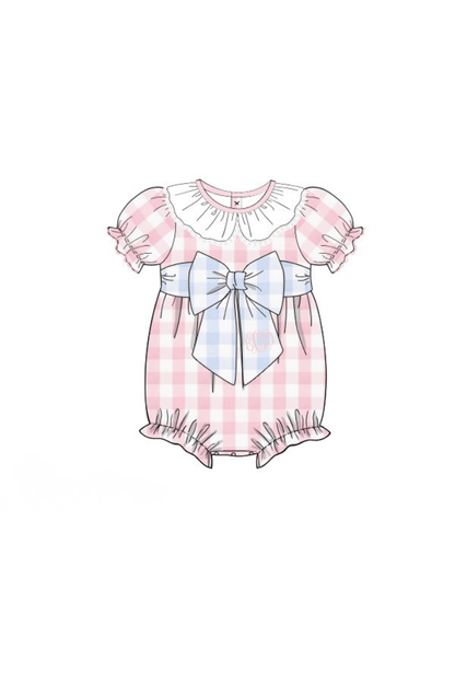 The Smocked Flamingo Apparel & Accessories Pre-Order Pink and Blue Buffalo Check Ruffle Bow Bubble