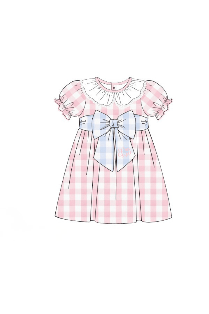 The Smocked Flamingo Apparel & Accessories Pre-Order Pink and Blue Buffalo Check Ruffle Bow Dress