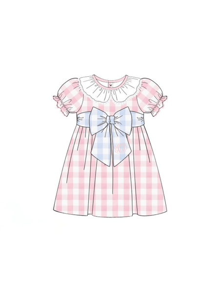 The Smocked Flamingo Apparel & Accessories Pre-Order Pink and Blue Buffalo Check Ruffle Bow Dress