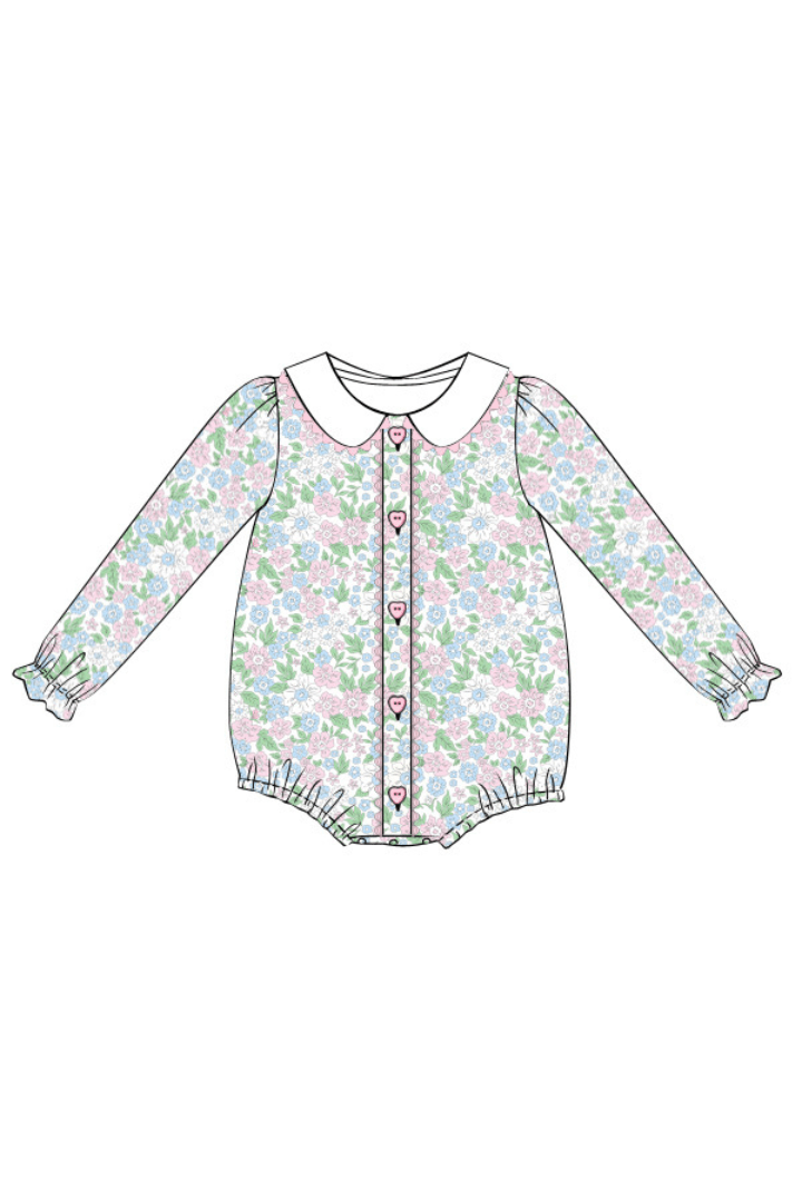 The Smocked Flamingo Apparel & Accessories Pre-Order Pink and Blue Floral Heart Button Bubble