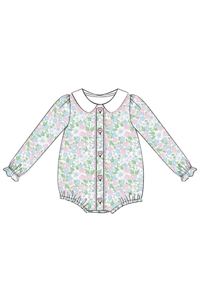 The Smocked Flamingo Apparel & Accessories Pre-Order Pink and Blue Floral Heart Button Bubble