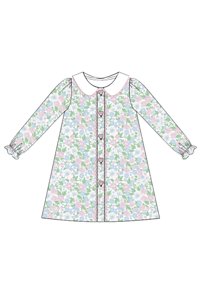 The Smocked Flamingo Apparel & Accessories Pre-Order Pink and Blue Floral Heart Button Dress