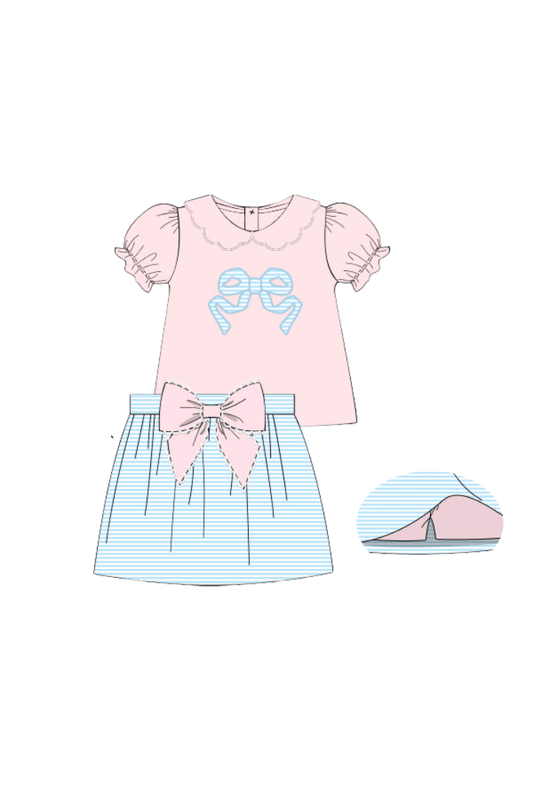 The Smocked Flamingo Apparel & Accessories Pre-Order Pink and Blue Stripe Bow Skort Set