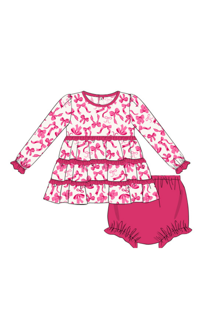 The Smocked Flamingo Apparel & Accessories Pre-Order Pink Bow Knit Ruffle Bloomer Set