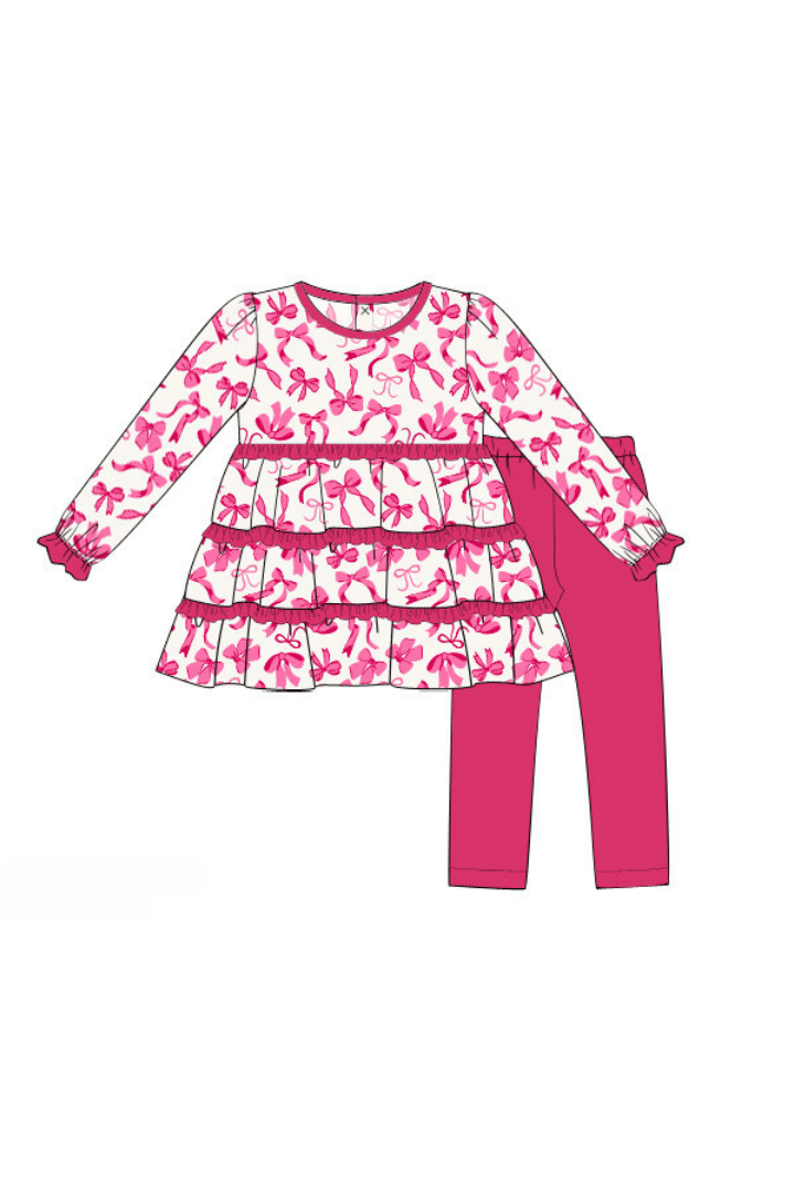 The Smocked Flamingo Apparel & Accessories Pre-Order Pink Bow Knit Ruffle Pant Set