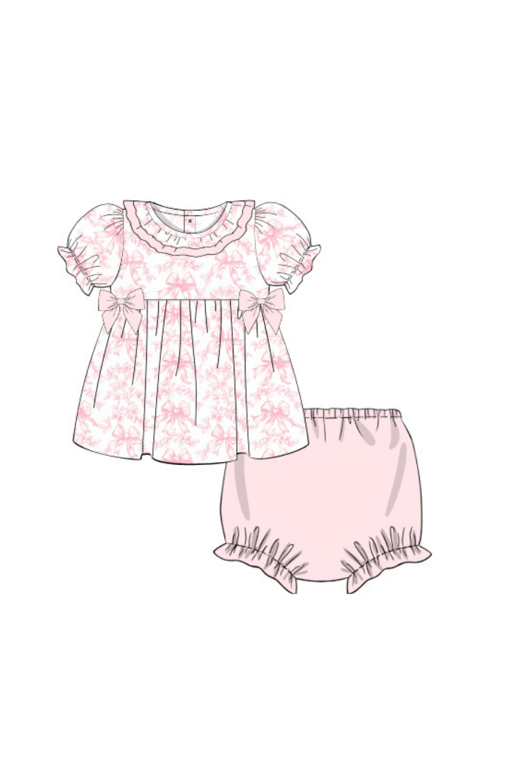 The Smocked Flamingo Apparel & Accessories Pre-Order Pink Bow Toile Knit Bloomer Set