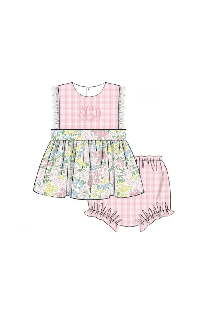 The Smocked Flamingo Apparel & Accessories Pre-Order Pink Floral/Gingahm Bloomer Set