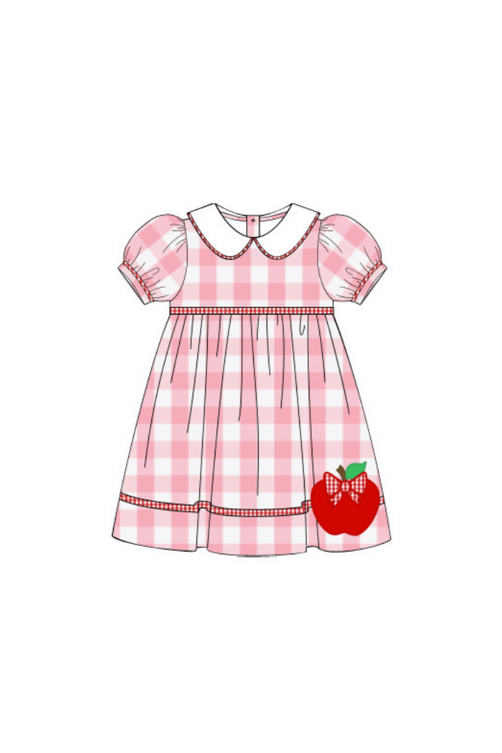 The Smocked Flamingo Apparel & Accessories Pre-Order Pink Gingham Apple Applique Dress