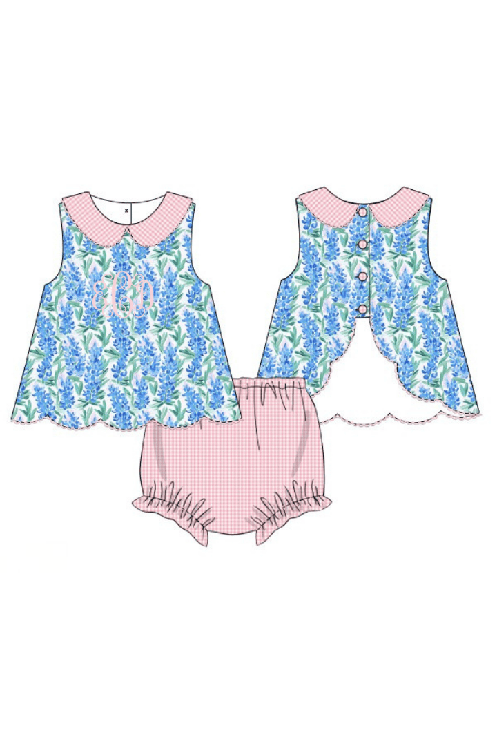 The Smocked Flamingo Apparel & Accessories Pre-Order Pink Gingham Bluebonnet Scalloped Sun Bloomer Set