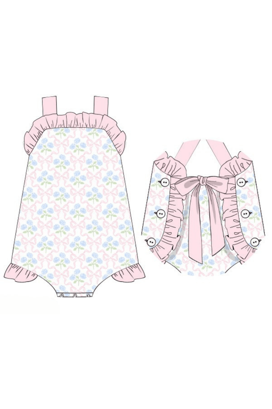 The Smocked Flamingo Apparel & Accessories Pre-Order Pink Hydrangea Bow Sun Suit