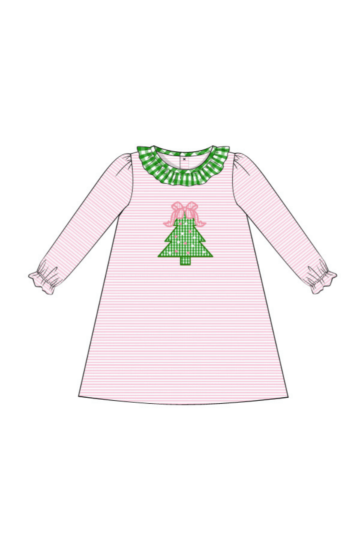 The Smocked Flamingo Apparel & Accessories Pre-Order Pink Stripe Applique Christmas Tree Dress