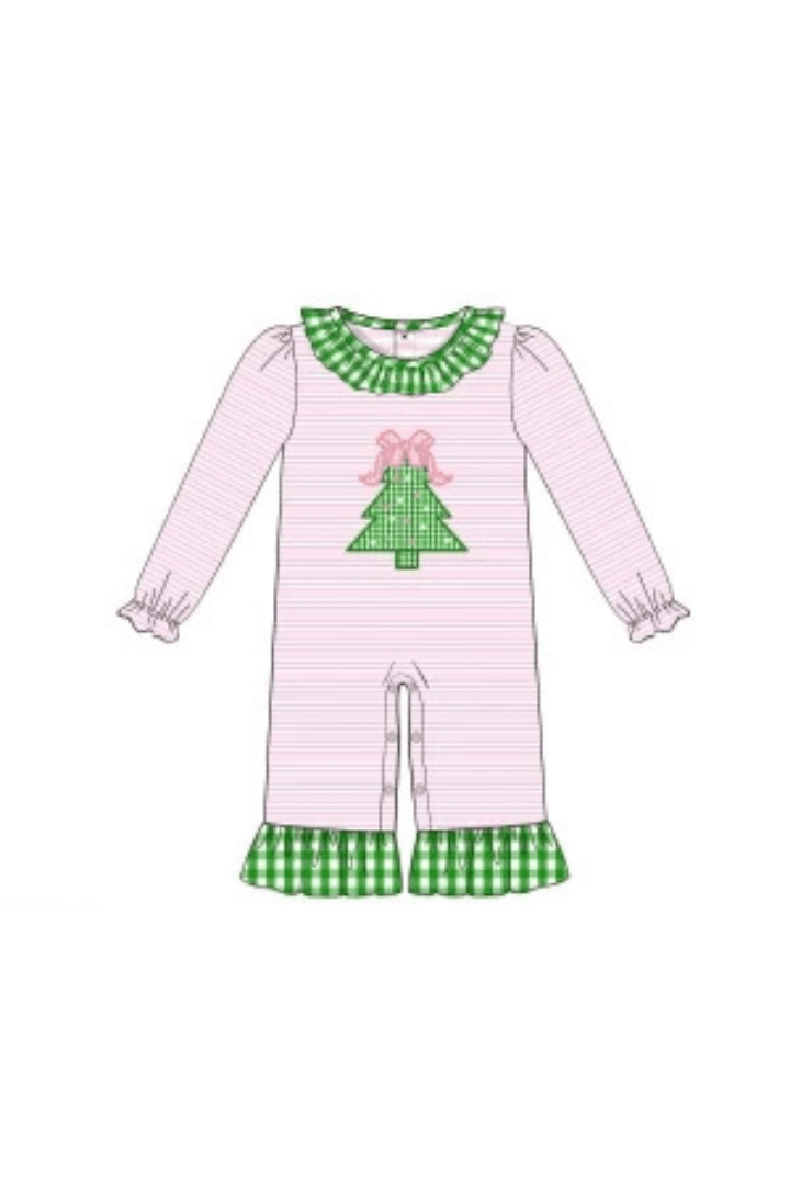 The Smocked Flamingo Apparel & Accessories Pre-Order Pink Stripe Applique Christmas Tree Romper