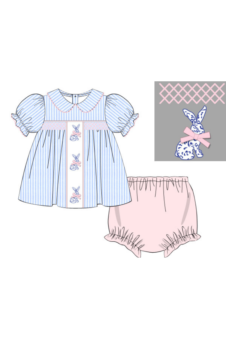 The Smocked Flamingo Apparel & Accessories Pre-Order Pinstripe Bow Bunny Bloomer Set